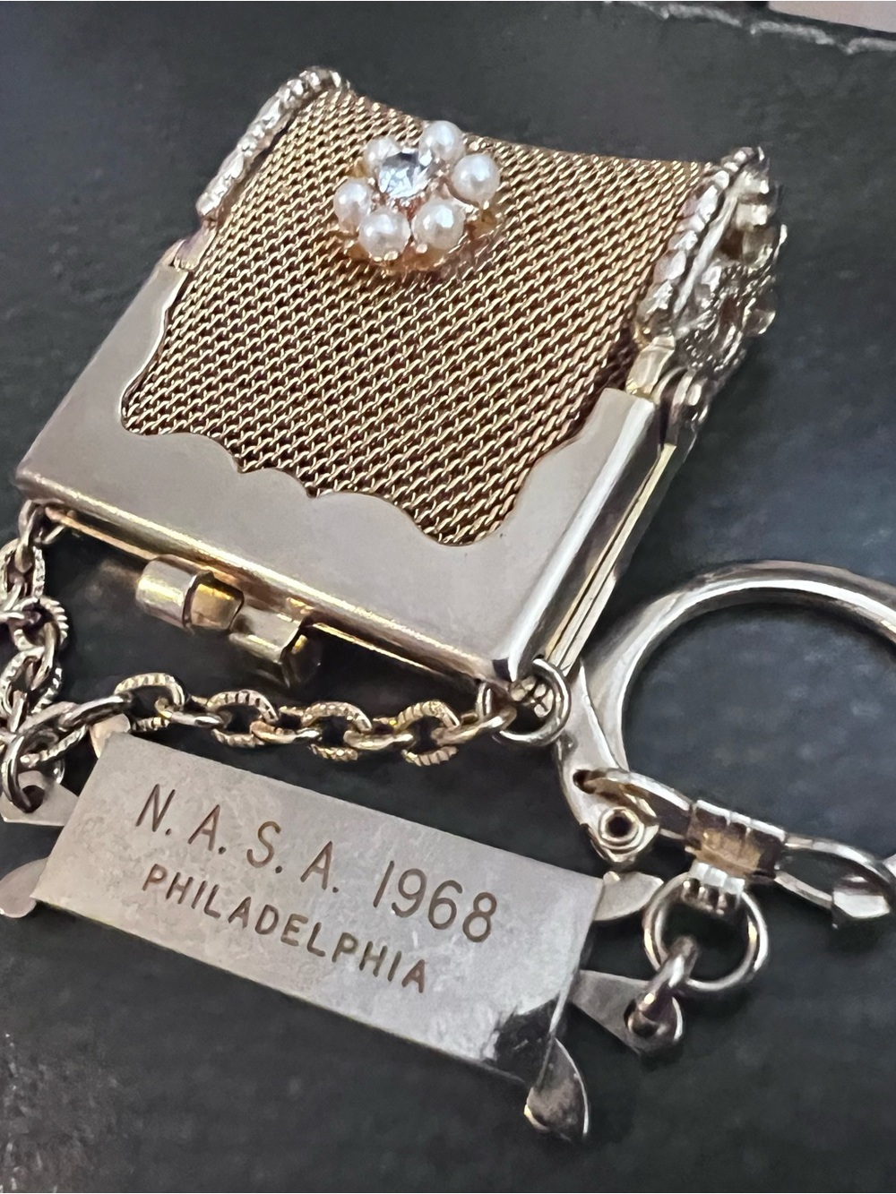 Vintage NASA 1968 Philadelphia Gold-Tone Mesh Charm Keychain
